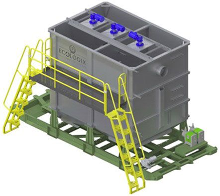 A skidded chemical reaction tank showing top mounted mixers, ladders and mezzanine, along with chemical dosing pumps - Ecologix