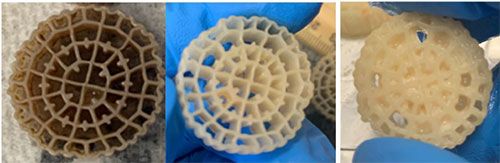 MBBR Carrier Media photos: reactor startup (left), after upset (center), during last week of testing (right)